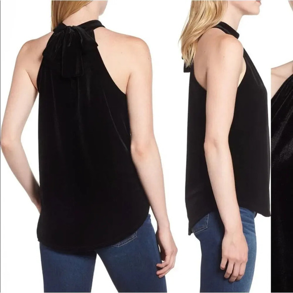 NEW Gibson Women's Size Medium Black Dede Velvet Tie Neck Top - Picture 2 of 6
